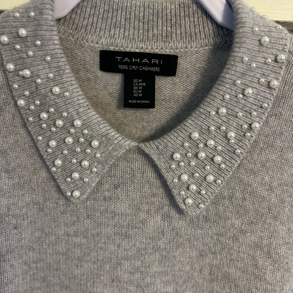 Tahari Light Gray Cashmere Sweater with Pearl Collar - Picture 2 of 5